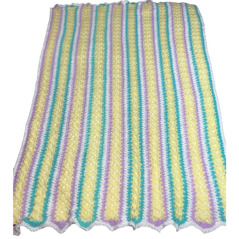 (NEW) Hand Knit Crochet Throw Blanket Afghan Striped Yellow/Multi 65”x48”